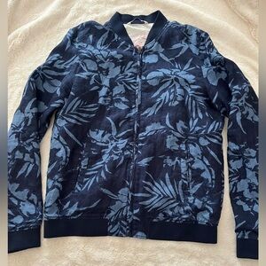 [Tag:L/Ptp:21”]Zara Denim Couture Navy Floral linen Bomber Jacket Lined